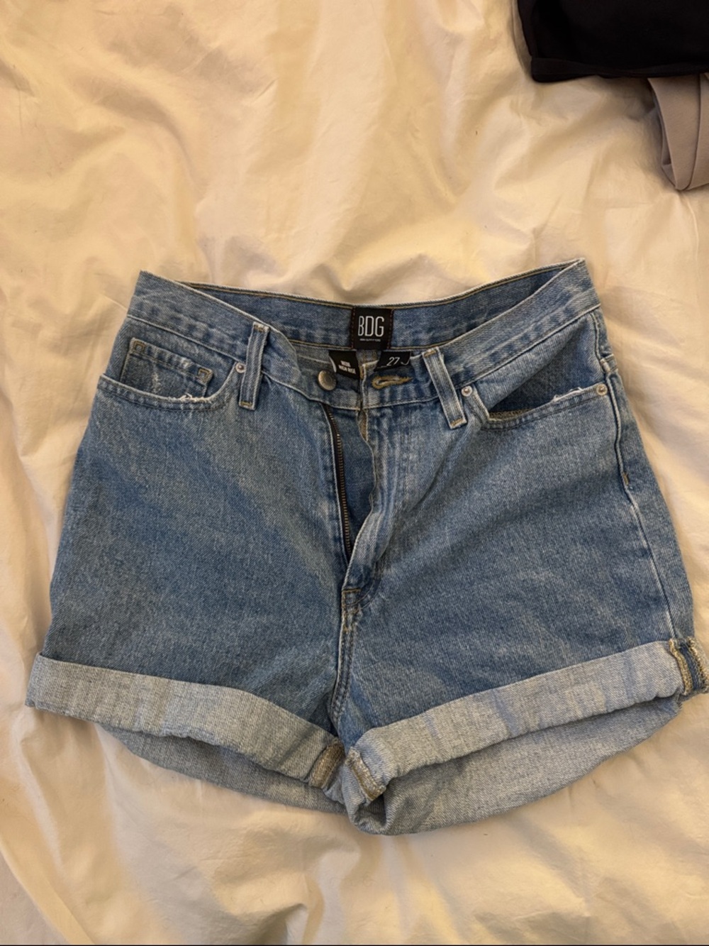 BDG Rolled Hem High-Rise Jean Shorts in Light Blue Denim